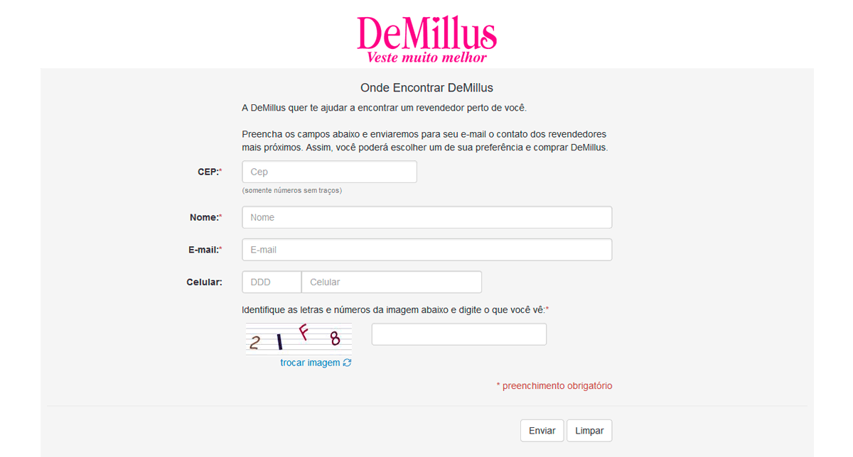 Página da DeMillus para encontrar uma revendedora